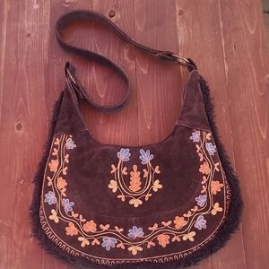 Brown and Orange Embroidered Leather Hobo Bags